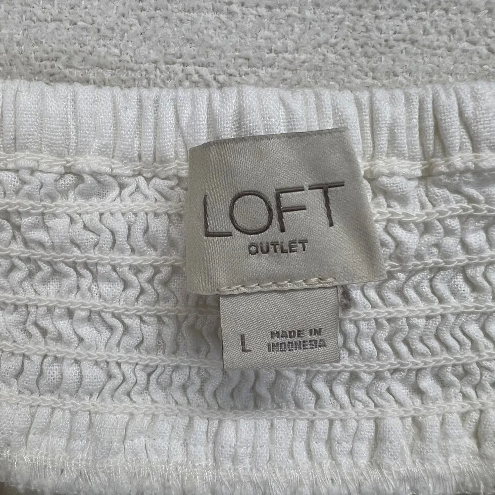 LOFT Outlet White Smocked Square Neck Puff‎ Sleeve Linen Blend Top Size L READ